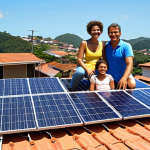 **Solar panel installation on a typical Brazilian home rooftop, sunny day, showing energy meter and happy family.** (Focuses on local relevance and positive outcome.)
