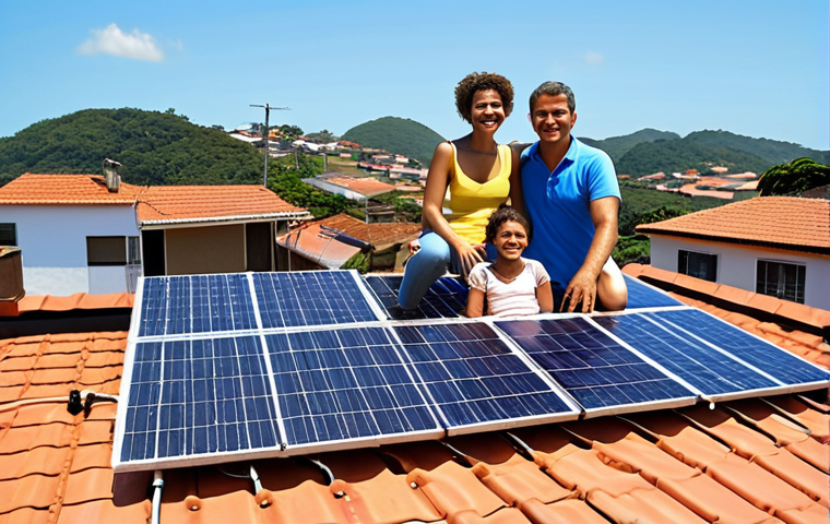 **Solar panel installation on a typical Brazilian home rooftop, sunny day, showing energy meter and happy family.** (Focuses on local relevance and positive outcome.)