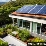 Home 21 분산형 에너지 시스템의 탄소 배출 감소 방안 - A modern Brazilian suburban home rooftop covered with sleek photovoltaic solar panels and a small re...