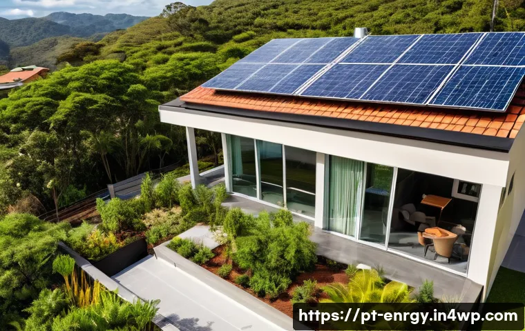분산형 에너지 시스템의 탄소 배출 감소 방안 - A modern Brazilian suburban home rooftop covered with sleek photovoltaic solar panels and a small re...