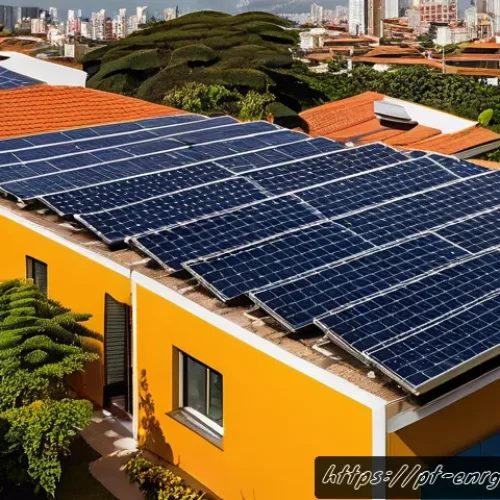 Home 32 분산형 에너지 시스템의 고객 맞춤형 전략 - A modern Brazilian residential rooftop solar panel installation bathed in warm afternoon sunlight, s...