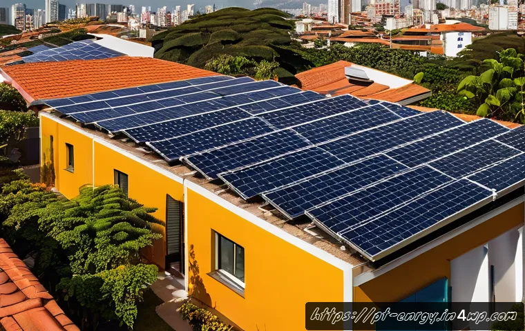 분산형 에너지 시스템의 고객 맞춤형 전략 - A modern Brazilian residential rooftop solar panel installation bathed in warm afternoon sunlight, s...