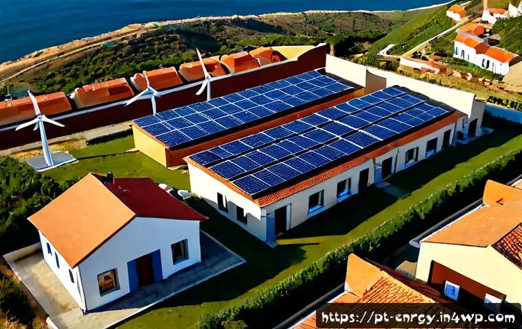 Home 17 분산형 에너지 시스템의 성공적인 구현 사례 - Photorealistic aerial view of a successful decentralized energy community in coastal Portugal, terra...